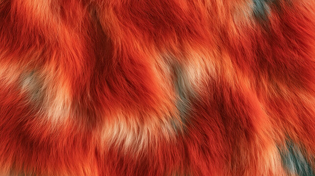 Close-up of shaggy orange fur with teal patches, flowing strands