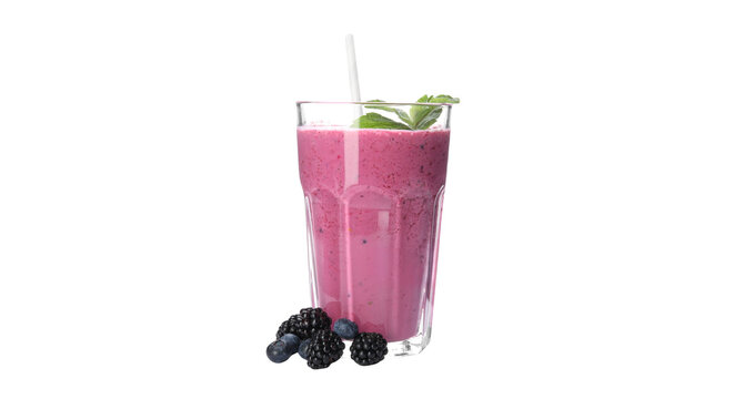 Healthy berry smoothie in a glass with fresh blackberries and blueberries isolated on black background