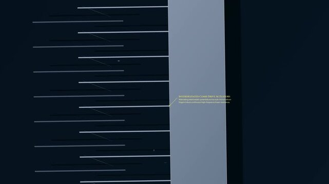 3D animation of a MEMS silicon gyroscope schematic showing interdigitated comb drives folded beam flexures proof mass Coriolis force vector decoupled sense frame and differential capacitive electrode