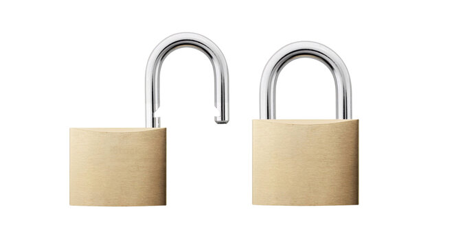 Brass padlocks one open and one closed isolated on black background, security concept