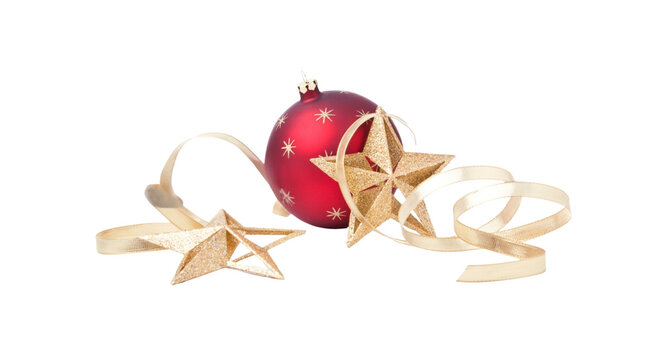 Red Christmas bauble ornament with sparkling gold stars and ribbons isolated on black background