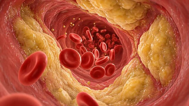 Inside Atherosclerotic Artery With Cholesterol Plaque and Red Blood Cells