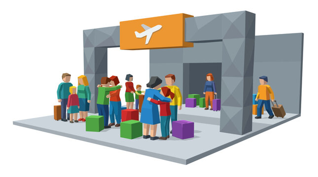 People saying goodbye at airport departure gate with luggage, travel concept, cartoon style