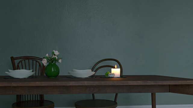 3D rendering of a warm dining room setup featuring a rustic wooden table and chairs, empty white tableware, a green vase with flowers, and a flickering candle.