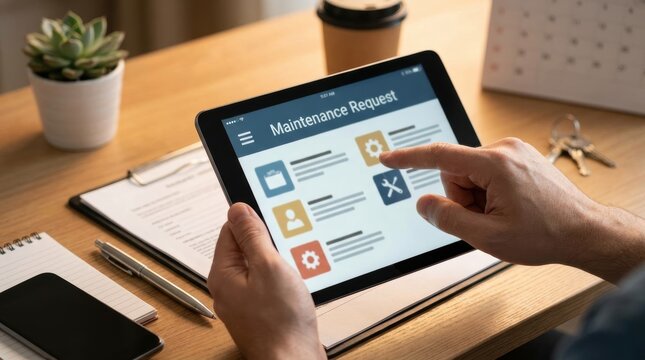 rental property maintenance request Person using tablet displaying maintenance request form at desk
