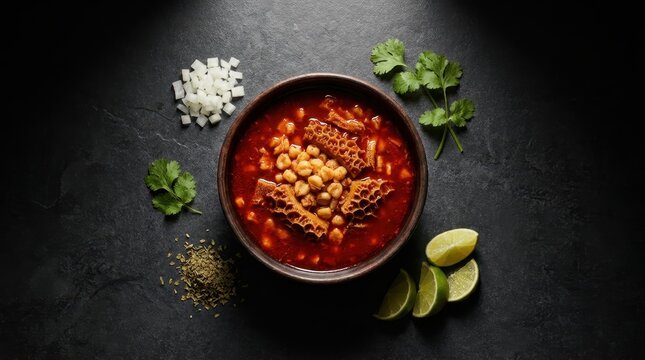 Traditional Beef Tripe Soup Bowl with Fresh Ingredients on Stone Surface