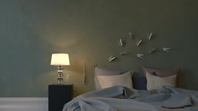 3D rendering of a relaxing modern bedroom interior showing a bed with gray bedding, a glowing modern bedside table lamp, and elegant 3D butterfly decorations on a textured green wall.