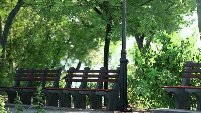 In a tranquil park, wooden benches are nestled among vibrant green trees and bushes, creating a peaceful retreat for visitors to unwind and enjoy natures beauty.