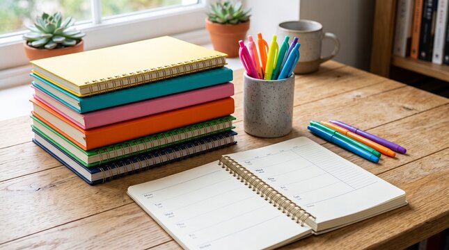 Stack of colorful notebooks and pens on a wooden desk with an open planner and potted succulents