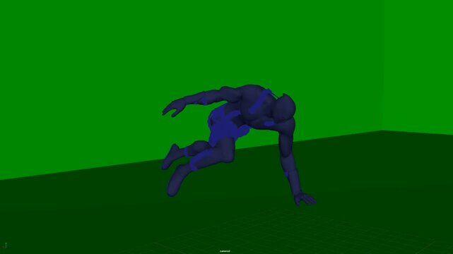 3D humanoid character bending forward with a lowered torso and separated limbs, showing a flexible action pose that demonstrates body mechanics and balance, suitable for animation and production.