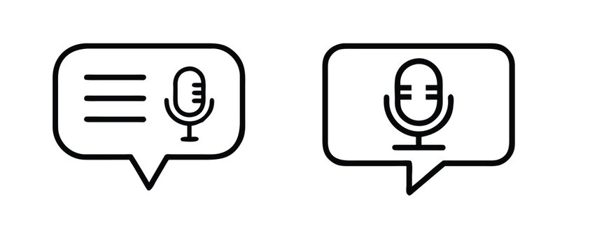 Voice message line icons set with microphone speech bubble podcast chat audio recording record talk & vector illustration with editable stroke.