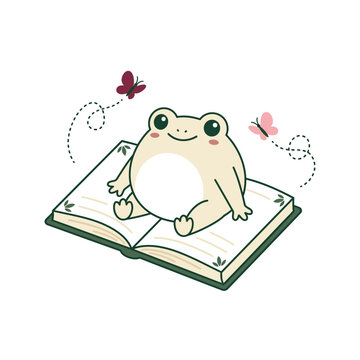 A cute cartoon frog sitting on an open book with two butterflies flying around.