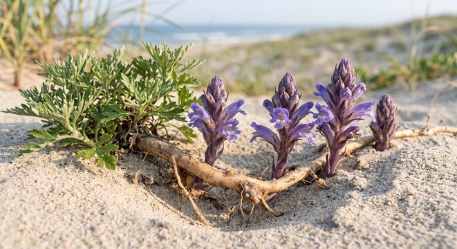 海岸に自生するハマウツボ（Orobanche coerulescens）の生態接写