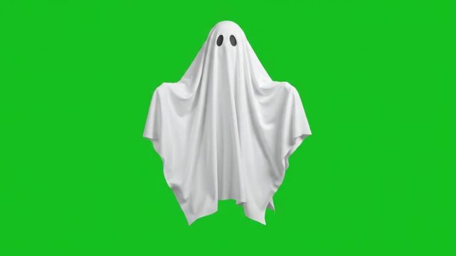 Halloween green screen: cute flying ghost playing peekaboo, friendly boo, kawaii cartoon, seamless loop overlay