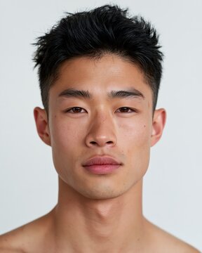 Portrait of young east asian man with short textured black hair, neutral expression, bare shoulders, and evenly lit skin against a plain light gray studio background