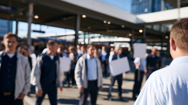 Blurred Railway Workers on Strike Outside Train Station Causing Transportation Disruption