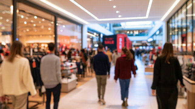 Blurred Retail Store View of Busy Shopping Mall Corridor During Black Friday Sale