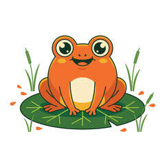 Obraz premium A cheerful cartoon orange frog with big eyes smiling on a green lily pad in a pond with reeds.