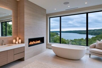 Obraz premium Modern luxury bathroom featuring fireplace and lake view