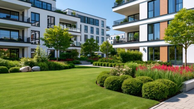 Modern apartment buildings surrounding a beautiful green landscaped garden