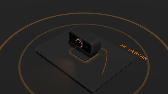 A dark isometric CAD-style 3D webcam powers on: the power button glows, an orange signal flows through the cable, the lens lights up with glowing rings and aperture blades, and LED indicators activate