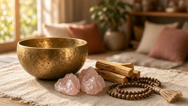 Tibetan Singing Bowl with Healing Crystals and Palo Santo Wood in Relaxation Space