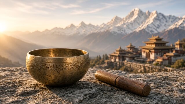 Tibetan Singing Bowl on Stone with Wooden Striker and Mountain Landscape View