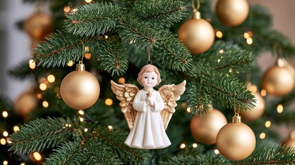 Fototapeta premium Christmas tree decorating with angel ornament and golden baubles