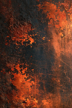 Peeling orange rust paint on dark scratched teal-black metal