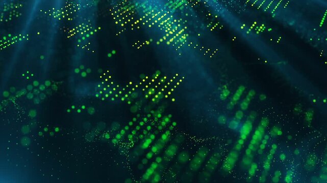 Abstract digital space with moving green glowing particle lines emerging from dark background in cinematic motion graphics.