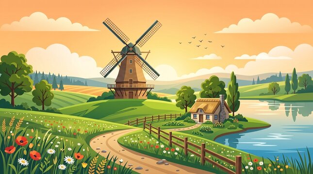 landscape with windmill