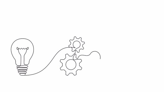 Continuous one line drawing of of electric light bulb, gears and rocket launch. Single line drawing of 3 steps teamwork. Concept of business startup. 4K video animation with alpha channel.