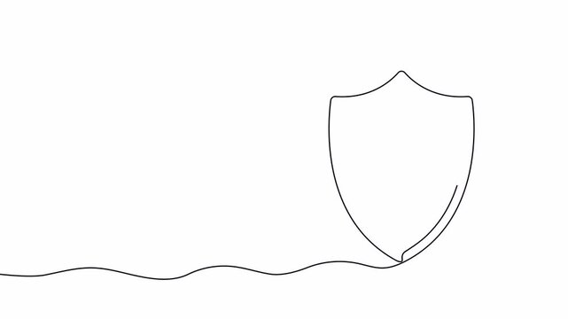 Continuous one line drawing of shield with keyhole. Single line drawing security shield with keyhole. 4K video animation with alpha channel.