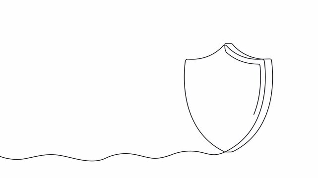 Continuous one line drawing of shield made of puzzle pieces. Single line drawing security shield and jigsaw puzzle elements. 4K video animation with alpha channel.
