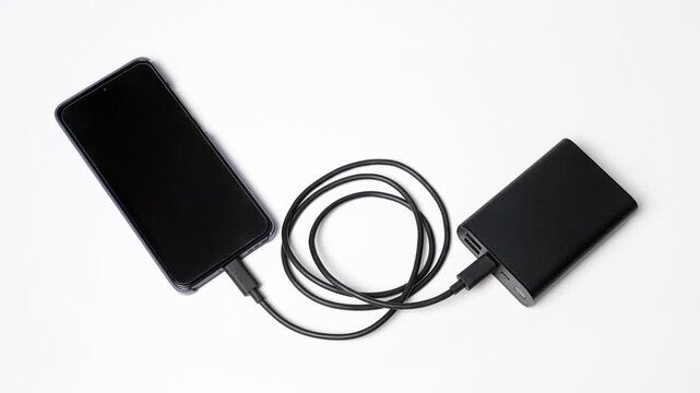 Smartphone connected to a portable power bank with a charging cable on a white background, illustrating mobile charging and backup energy