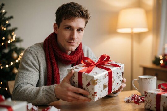 Young man proudly holding a beautifully wrapped Christmas present on a wooden table, surrounded by festive holiday decor.