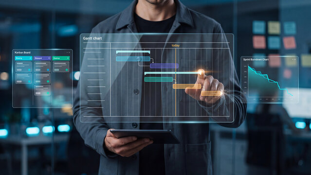 The manager sets deadlines for project tasks in the task tracker, incorporating management concepts, Agile methodology, Kanban, and Gantt charts.