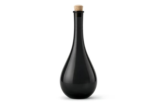 A single empty black glass bottle with a cork stopper isolated on a white background