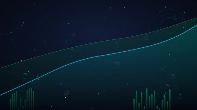 Modern dark blue and teal abstract background featuring flowing digital waves, financial data charts, and crypto currency icons for fintech concepts