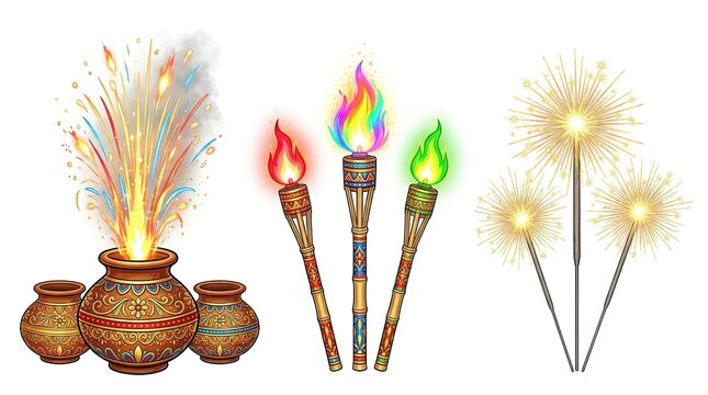 Diwali and Kali Puja fireworks set vector illustration with flowerpot crackers torches and sparklers