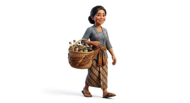3D-style cartoon illustration of a traditional Indonesian jamu gendong vendor carrying a woven bamboo basket filled with glass bottles of herbal medicine. She wears a traditional blue floral top.  
