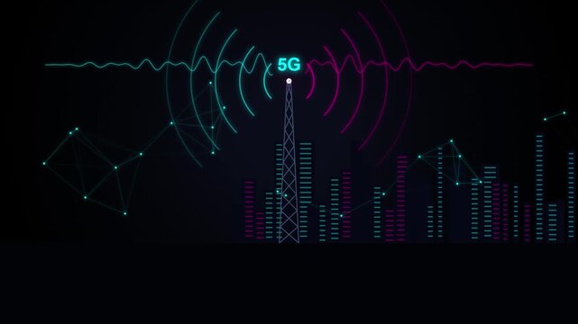 5 g network tower signal transmission abstract animation with digital cityscape and data connectivity hud