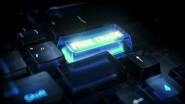 Pressing Free Trade Button on Glowing Keyboard in Dark Futuristic Digital Environment Cinematic Tech Concept
