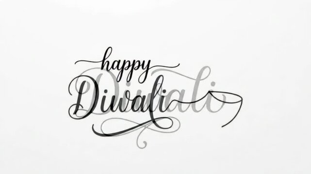 happy diwali greeting with decorative cursive text, flame accent, and traditional diya illustration celebrating festival of lights