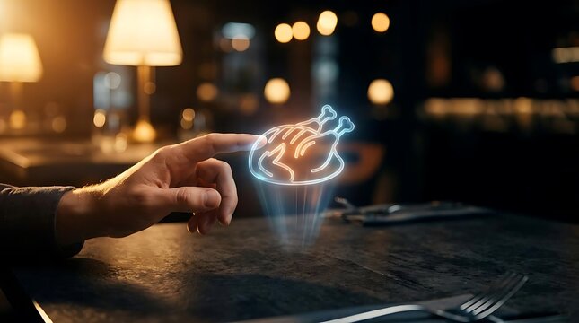 Hand touching a digital glowing roast chicken hologram icon.