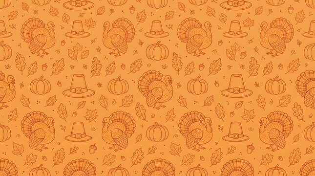 Seamless pattern with thanksgiving elements like turkeys, pilgrim hats, pumpkins, and autumn leaves on an orange background
