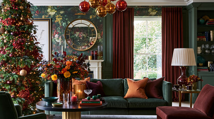 Obraz premium Cozy living room interior decorating with a festive Christmas tree, velvet sofa, and warm holiday decor creating a welcoming atmosphere