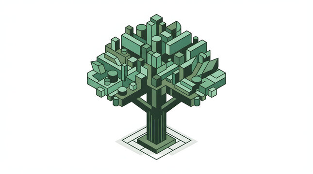 Isometric tree graphic made of geometric shapes isolated on a