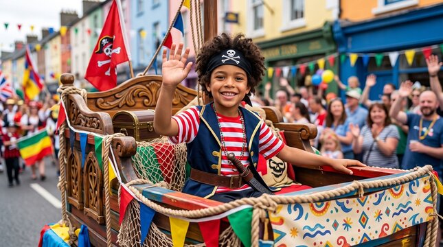 Happy boy in pirate costume waving on a carnival parade float