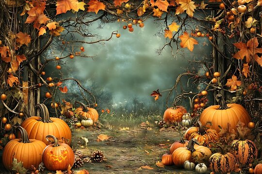 Autumn pumpkin patch with spooky forest background